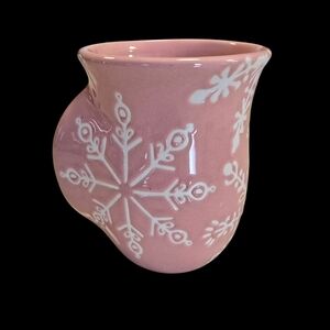 Tag Pink and White Ceramic Handwarmer Mug with Snowflake Design